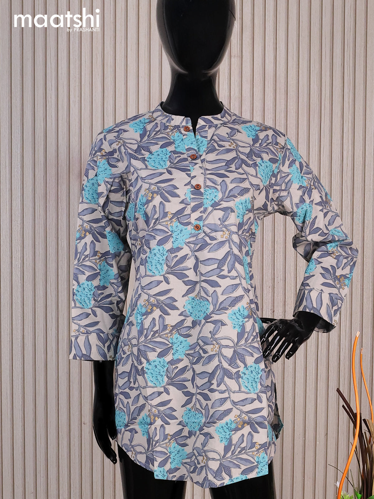 Cotton readymade short kurti grey and light blue with allover floral prints & simple work neck pattern without pant