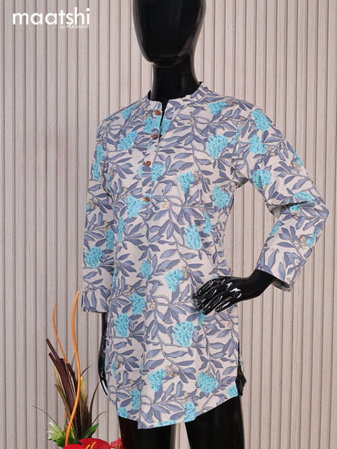 Cotton readymade short kurti grey and light blue with allover floral prints & simple work neck pattern without pant