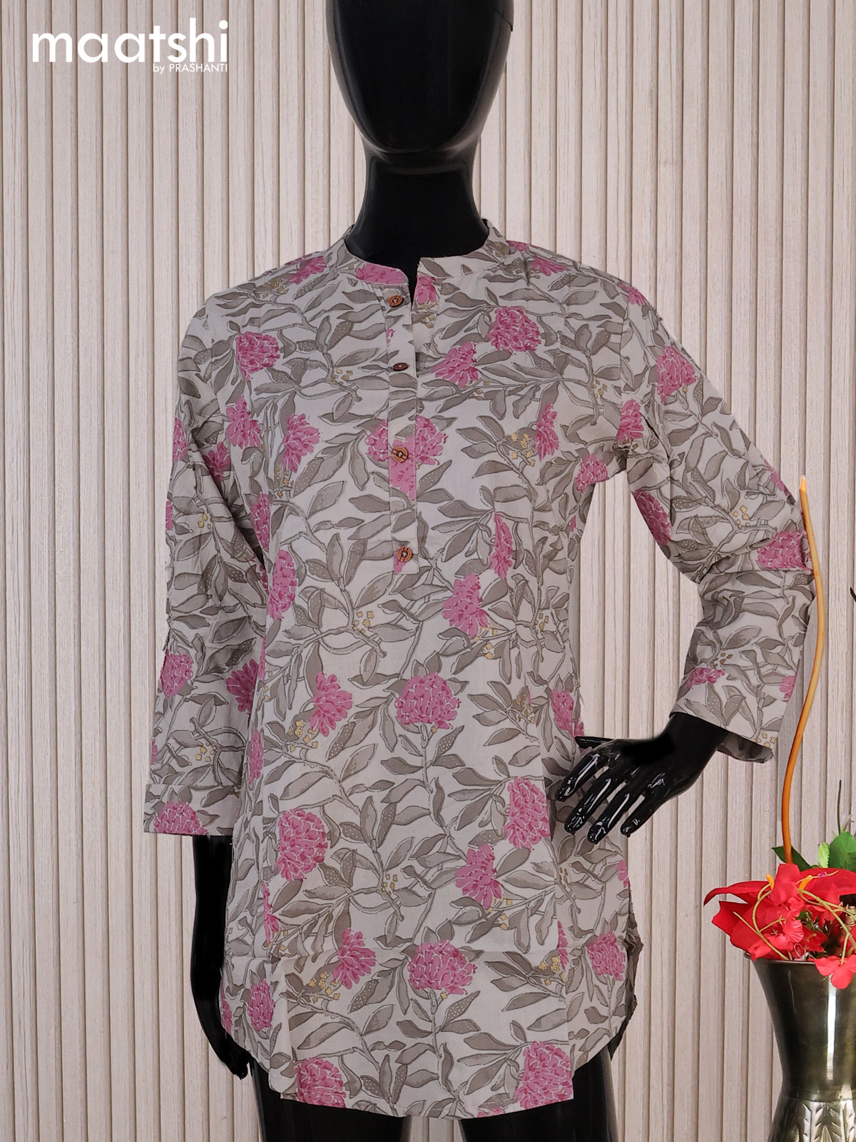 Cotton readymade short kurti grey and pink with allover floral prints & simple work neck pattern without pant