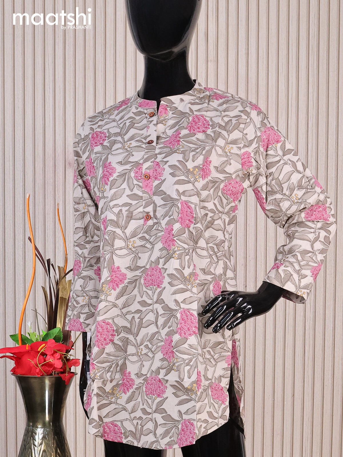 Cotton readymade short kurti grey and pink with allover floral prints & simple work neck pattern without pant