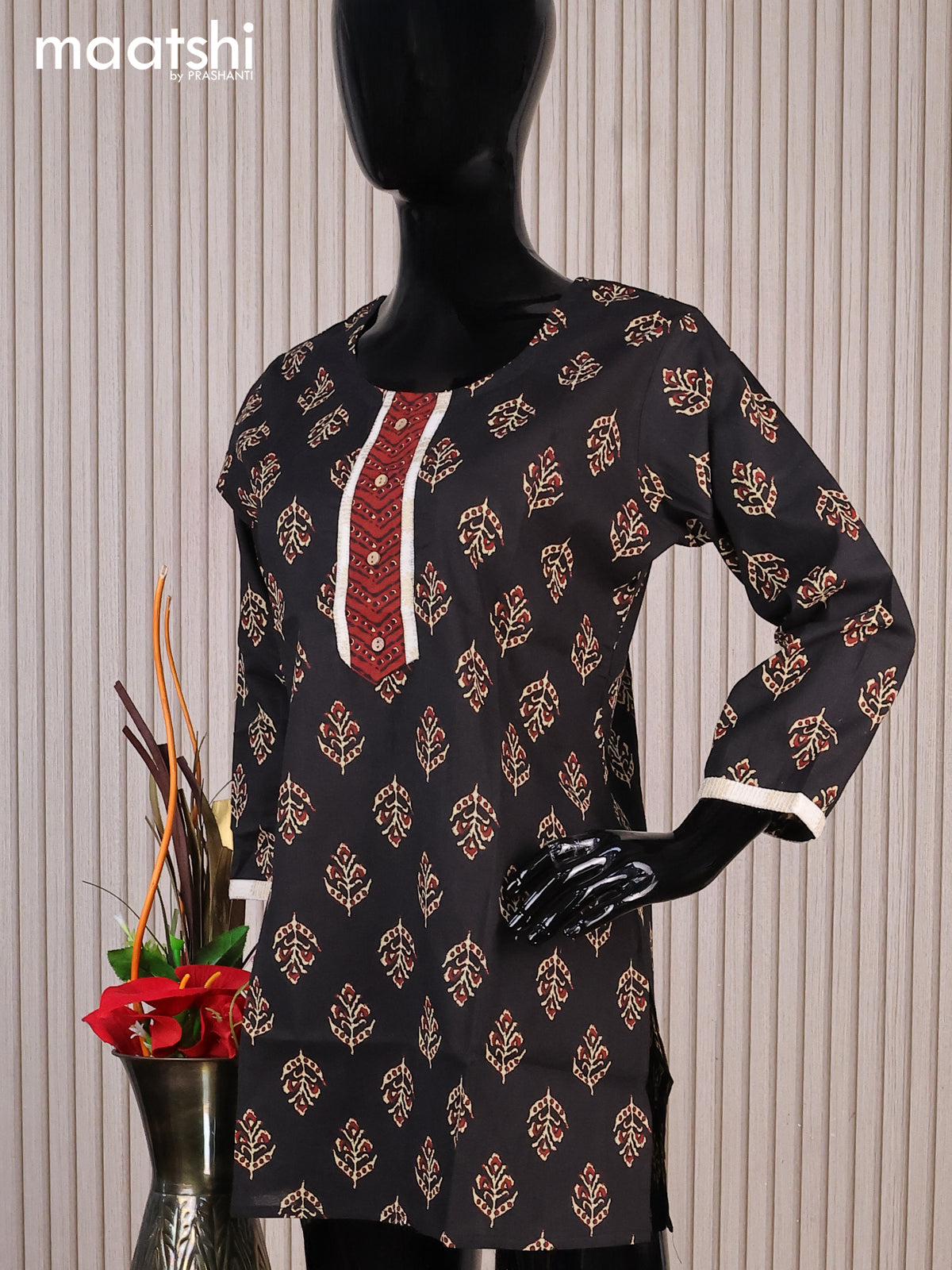 Cotton readymade short kurti black and maroon beige with allover butta prints & simple neck pattern without pant