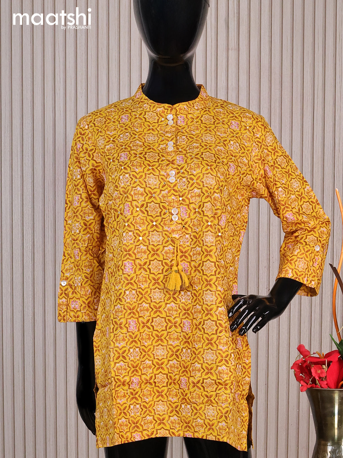 Cotton readymade short kurti yellow and brown with allover prints & mirror work simple neck pattern without pant