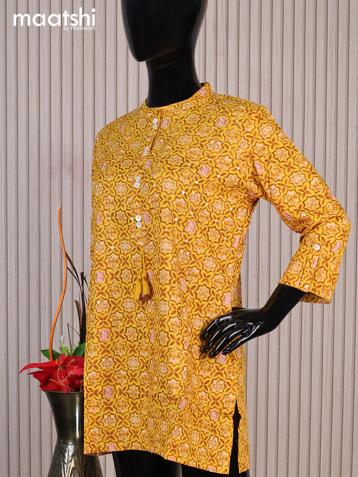 Cotton readymade short kurti yellow and brown with allover prints & mirror work simple neck pattern without pant