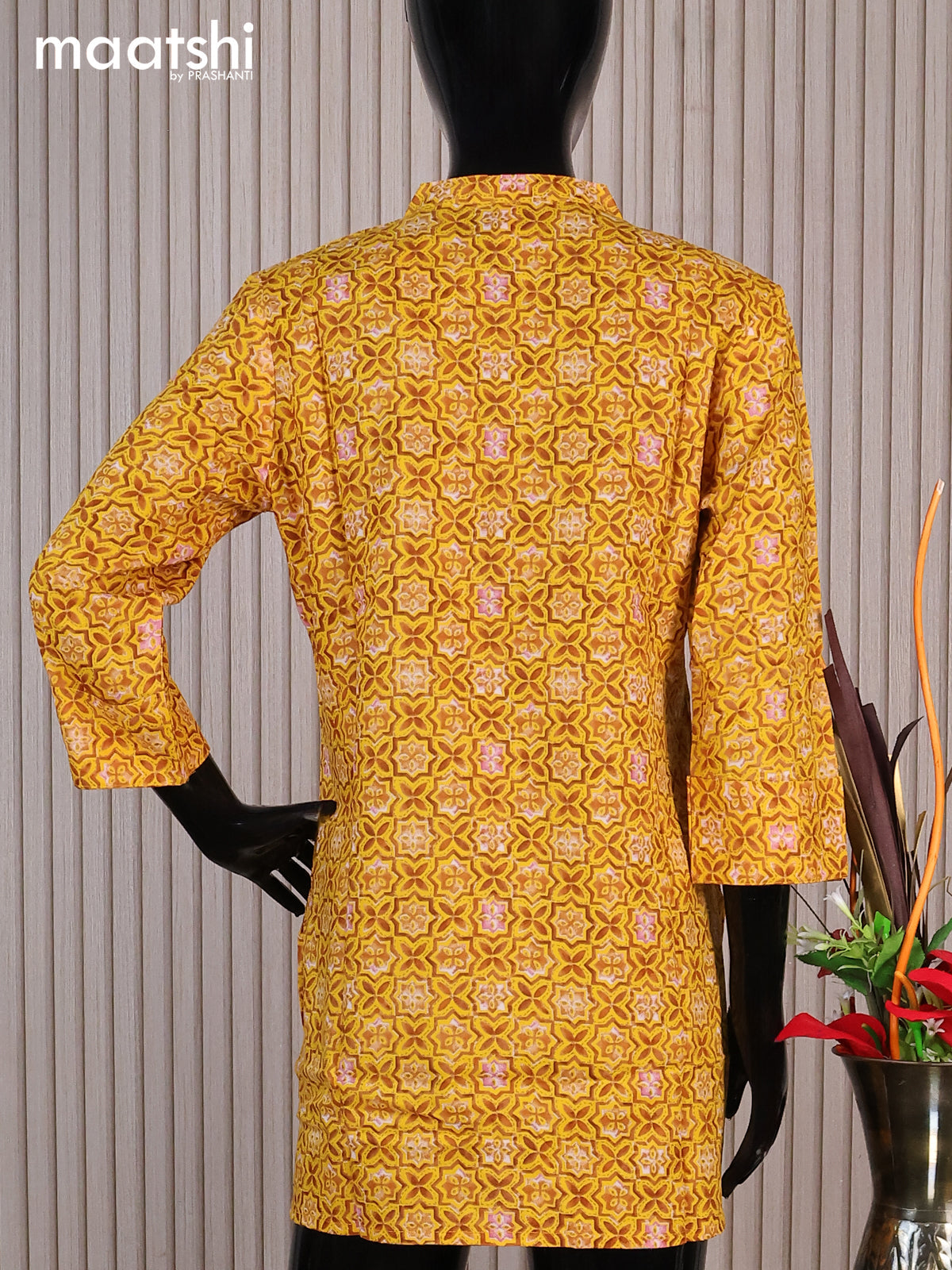 Cotton readymade short kurti yellow and brown with allover prints & mirror work simple neck pattern without pant