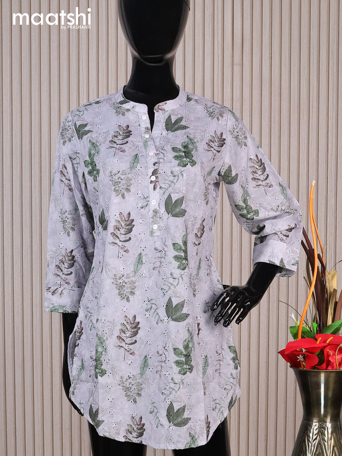 Cotton readymade short kurti grey with allover prints hakoba work & simple neck pattern without pant