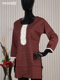 Cotton readymade short kurti maroon and black with allover prints & patch work neck pattern without pant