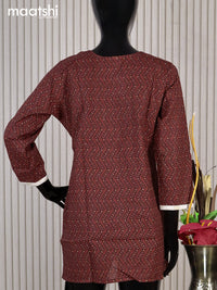 Cotton readymade short kurti maroon and black with allover prints & patch work neck pattern without pant