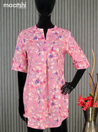 Cotton readymade short kurti baby pink with allover floral prints & simple neck pattern without pant