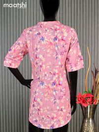 Cotton readymade short kurti baby pink with allover floral prints & simple neck pattern without pant