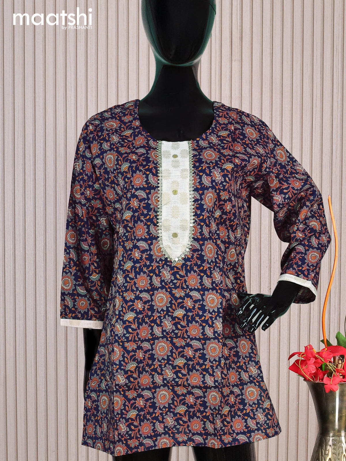 Cotton readymade short kurti navy blue and grey with allover floral prints & patck work neck pattern without pant