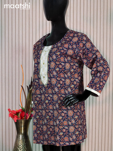 Cotton readymade short kurti navy blue and grey with allover floral prints & patck work neck pattern without pant