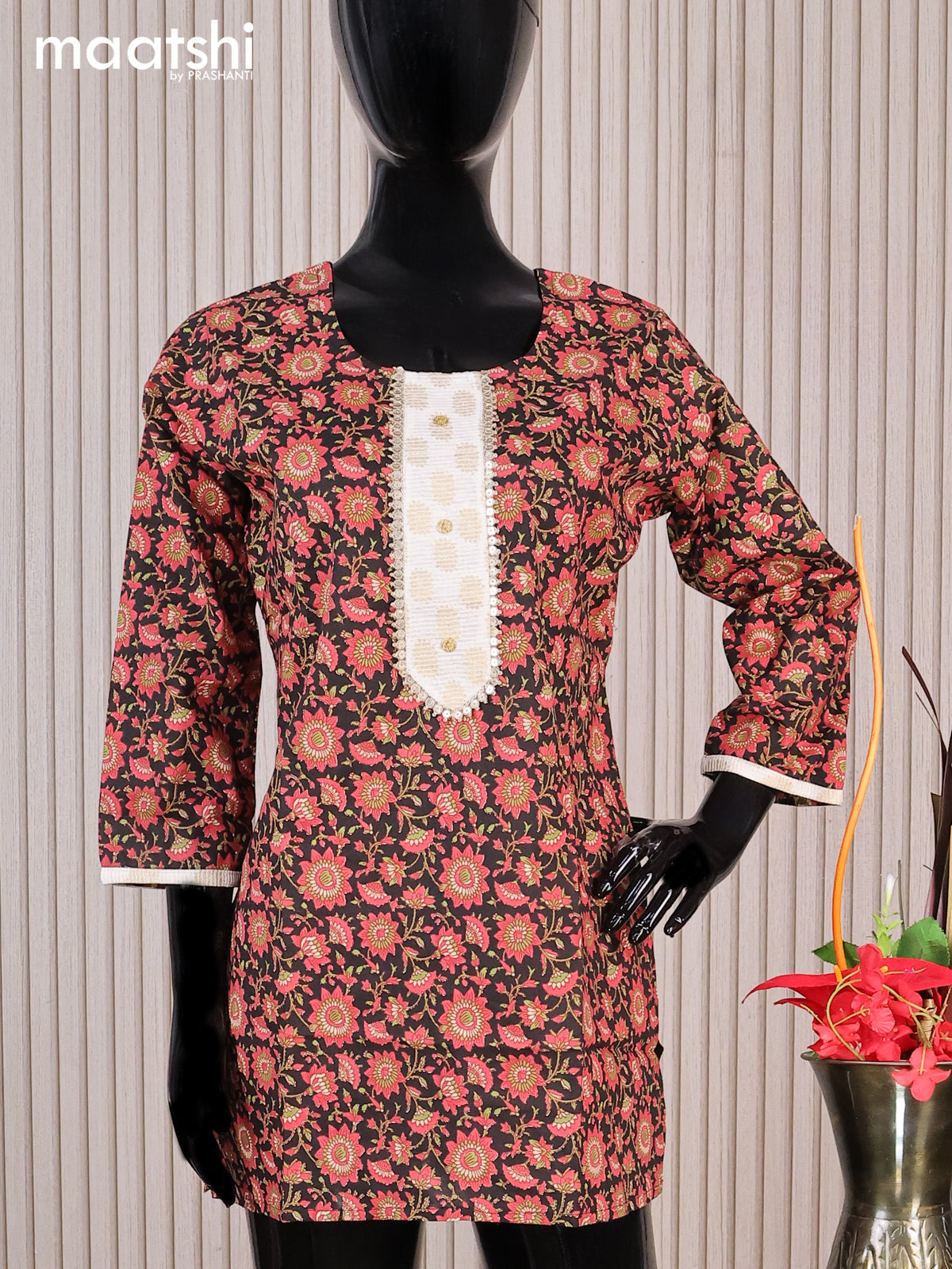 Cotton readymade short kurti black and tomato red with allover floral prints & patck work neck pattern without pant