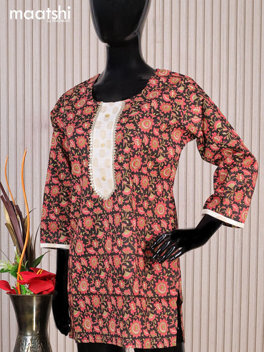 Cotton readymade short kurti black and tomato red with allover floral prints & patck work neck pattern without pant