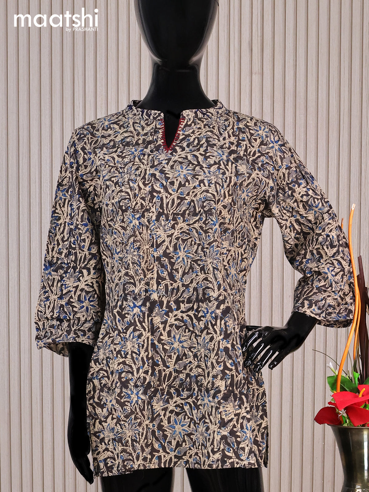 Cotton readymade short kurti beige and black with allover kalamkari prints sequin work & simple neck pattern without pant