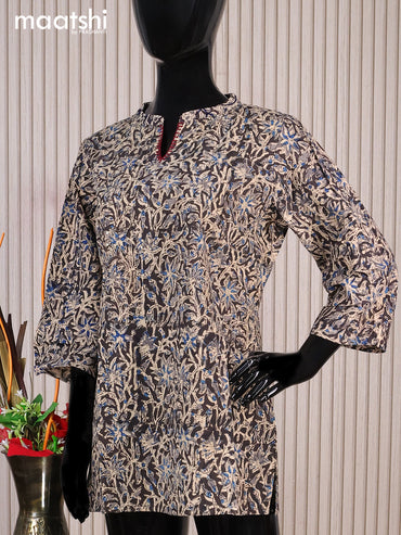 Cotton readymade short kurti beige and black with allover kalamkari prints sequin work & simple neck pattern without pant