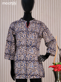 Cotton readymade short kurti black and beige with allover kalamkari prints sequin work & simple neck pattern without pant