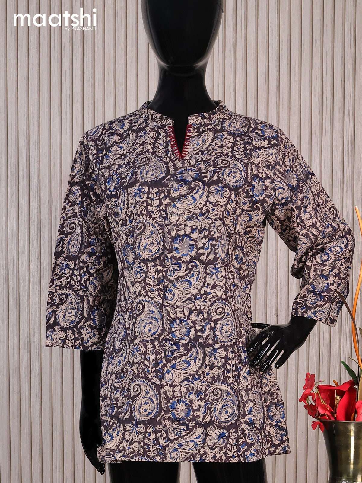 Cotton readymade short kurti black and beige with allover kalamkari prints sequin work & simple neck pattern without pant