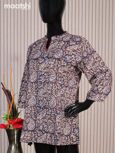 Cotton readymade short kurti black and beige with allover kalamkari prints sequin work & simple neck pattern without pant