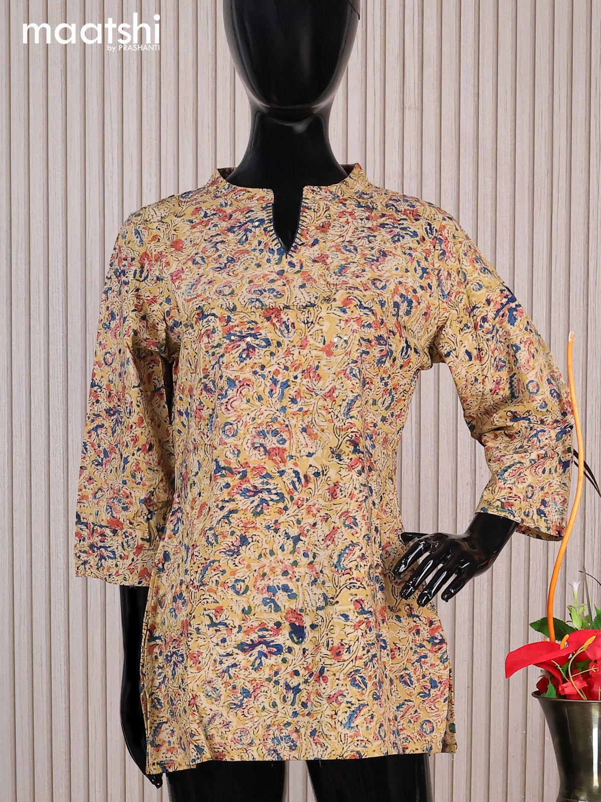 Cotton readymade short kurti beige and multi colour with allover kalamkari prints sequin work & simple neck pattern without pant