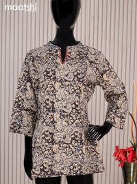 Cotton readymade short kurti beige and black with allover kalamkari prints sequin work & simple neck pattern without pant