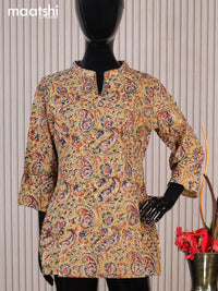 Cotton readymade short kurti yellow shade and multi colour with allover kalamkari prints sequin work & simple neck pattern without pant