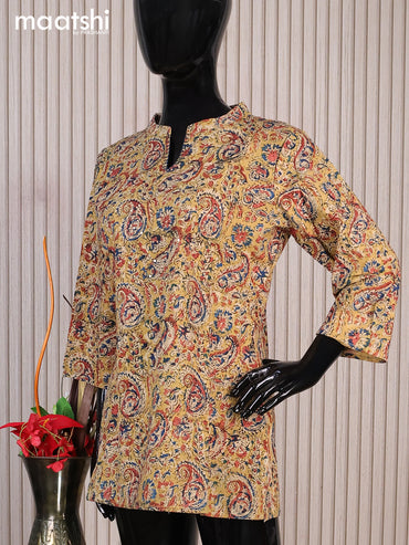 Cotton readymade short kurti yellow shade and multi colour with allover kalamkari prints sequin work & simple neck pattern without pant