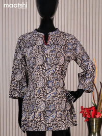 Cotton readymade short kurti black and beige with allover kalamkari prints sequin work & simple neck pattern without pant