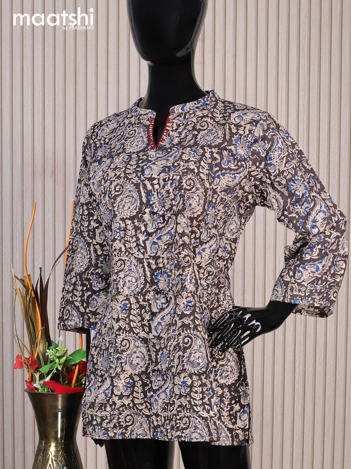 Cotton readymade short kurti black and beige with allover kalamkari prints sequin work & simple neck pattern without pant