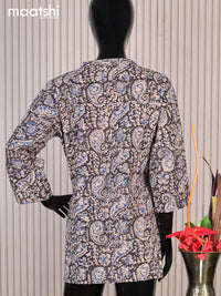 Cotton readymade short kurti black and beige with allover kalamkari prints sequin work & simple neck pattern without pant