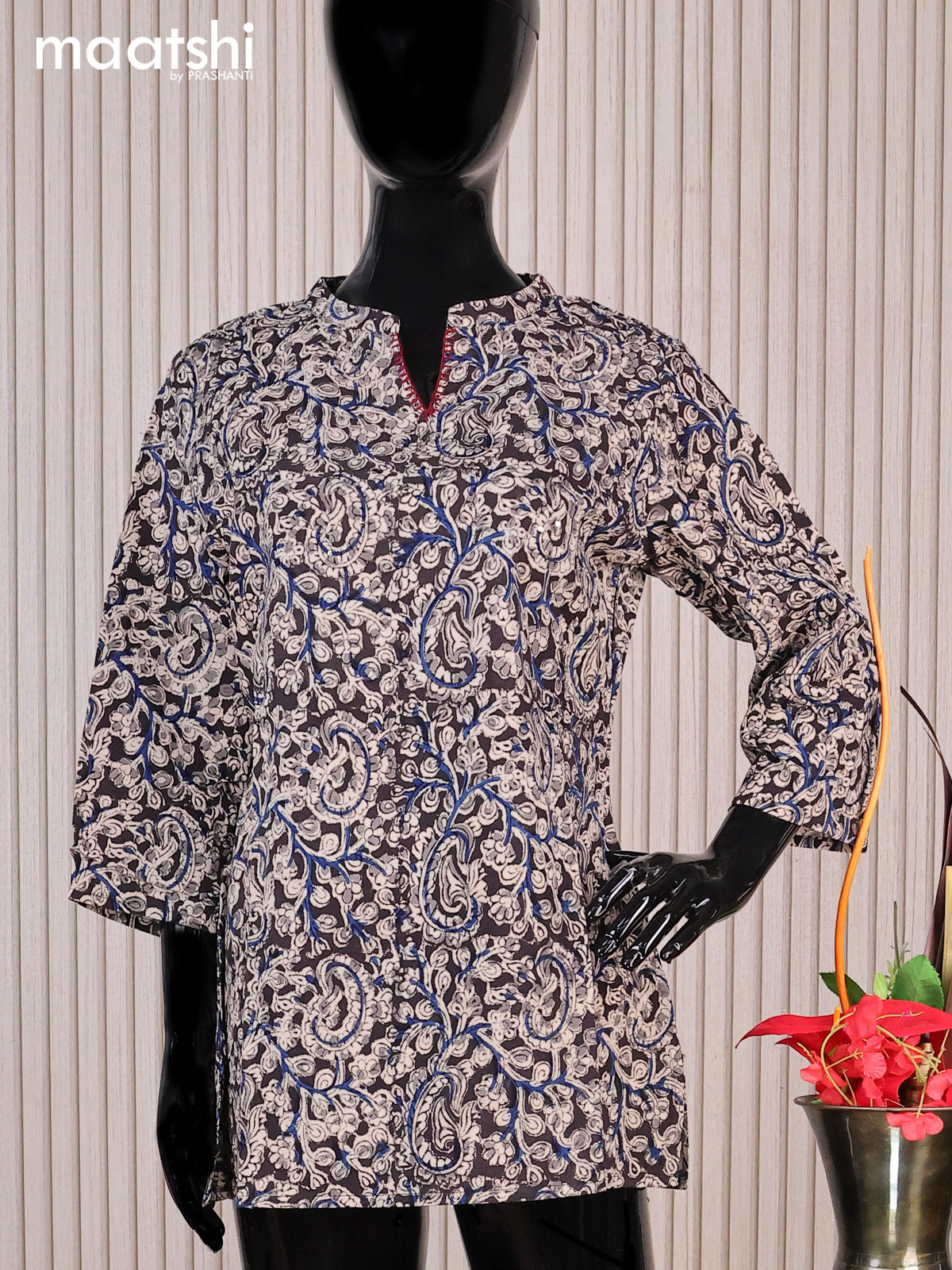 Cotton readymade short kurti black and beige with allover kalamkari prints sequin work & simple neck pattern without pant