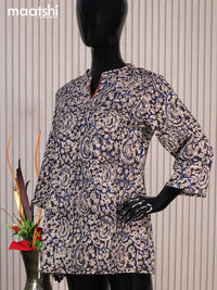 Cotton readymade short kurti black and beige with allover kalamkari prints sequin work & simple neck pattern without pant