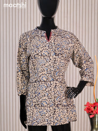 Cotton readymade short kurti black and beige with allover kalamkari prints sequin work & simple neck pattern without pant