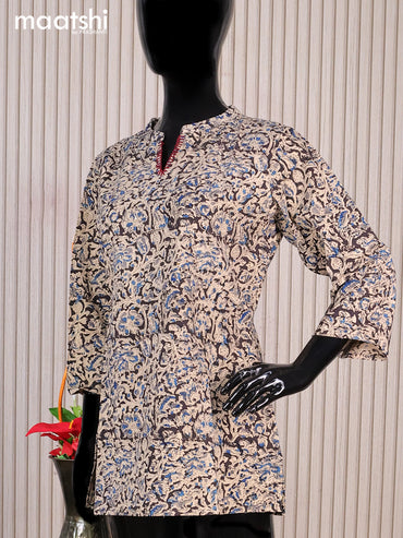 Cotton readymade short kurti black and beige with allover kalamkari prints sequin work & simple neck pattern without pant