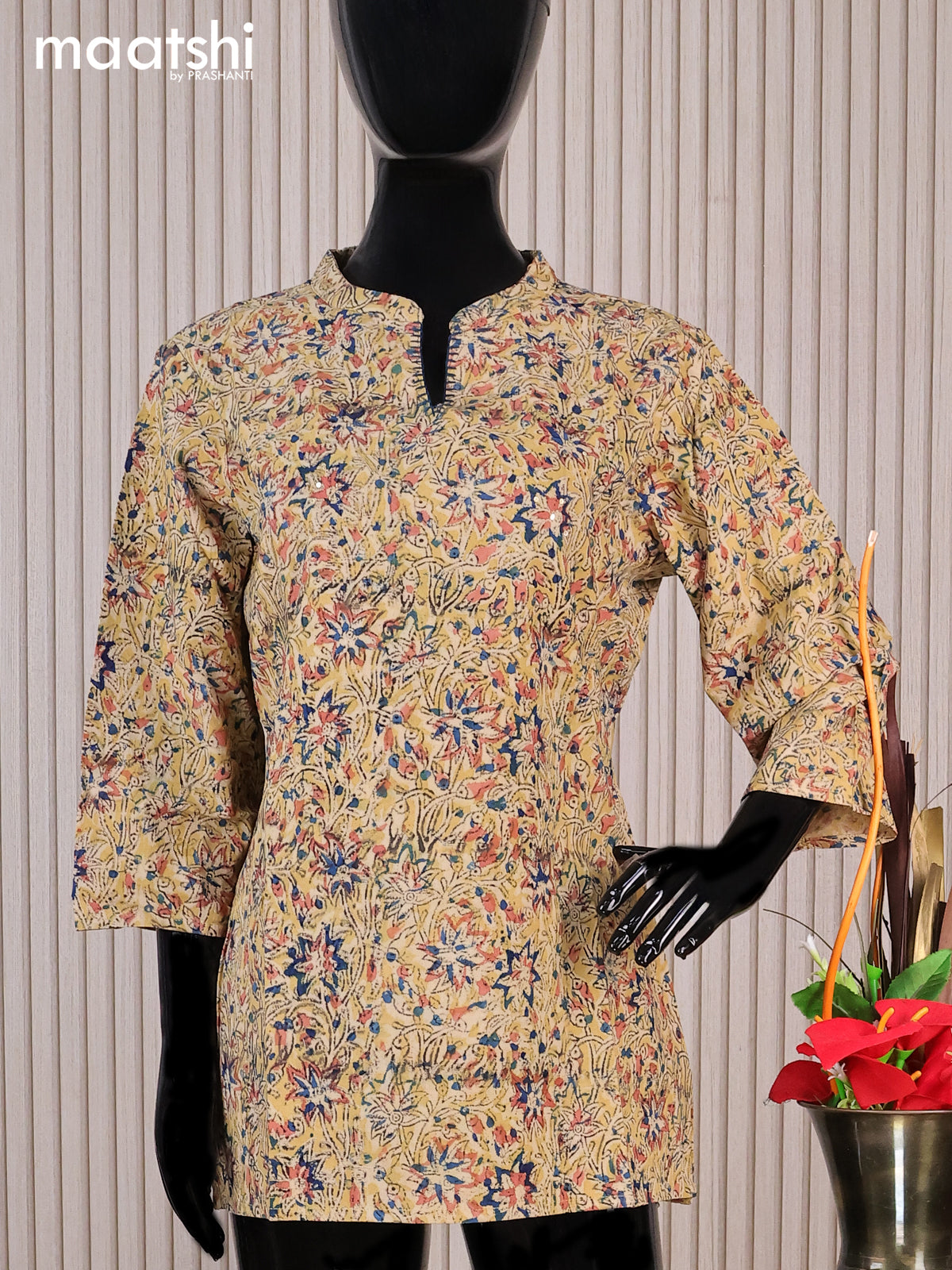 Cotton readymade short kurti beige and multi colour with allover kalamkari prints sequin work & simple neck pattern without pant