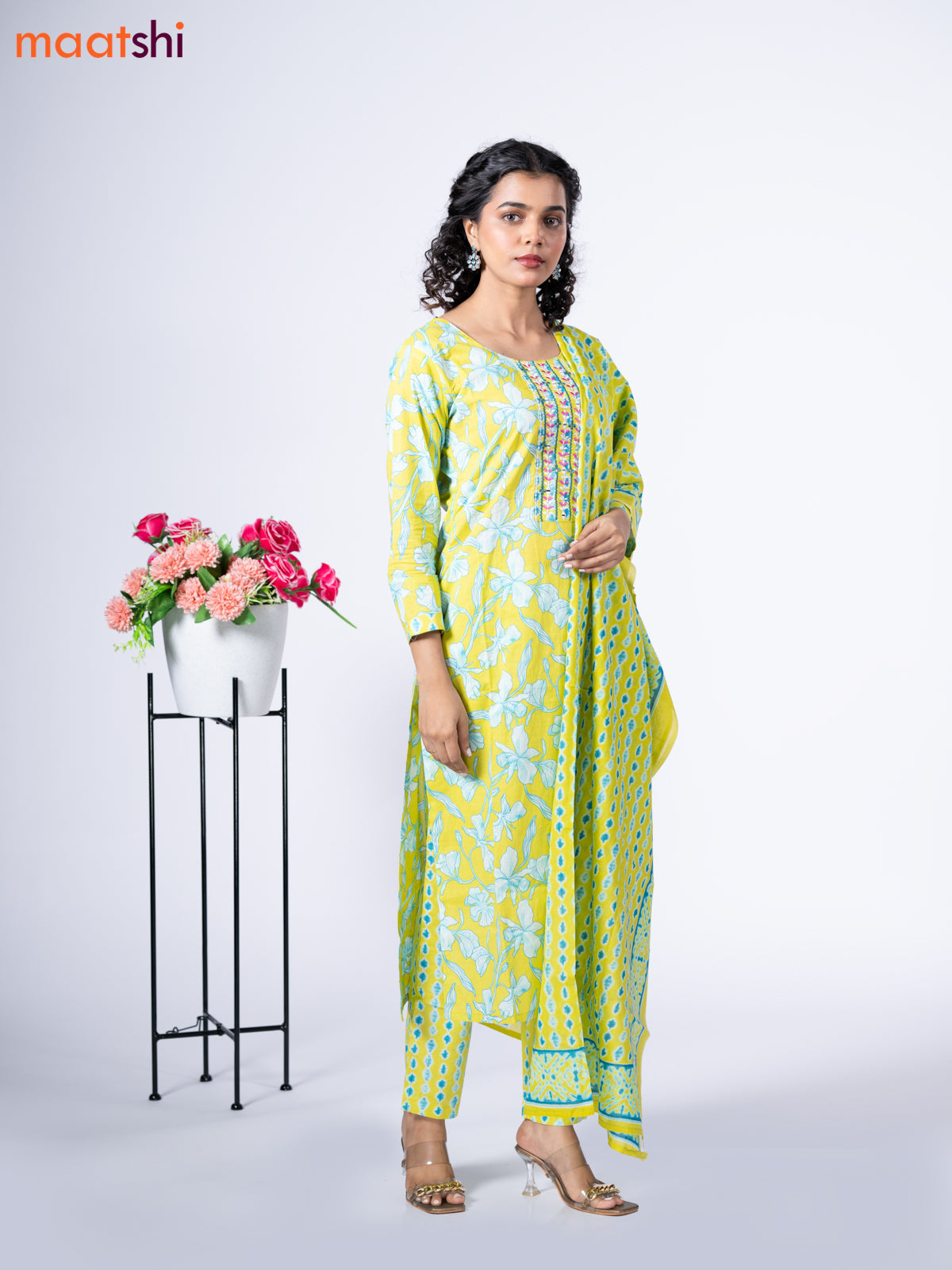 Cotton readymade salwar suit lime yellow and light blue with allover floral prints & embroidery mirror work neck pattern and straight cut pant & dupatta