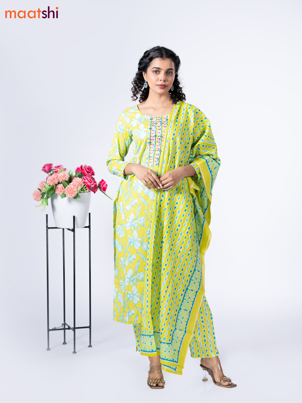 Cotton readymade salwar suit lime yellow and light blue with allover floral prints & embroidery mirror work neck pattern and straight cut pant & dupatta