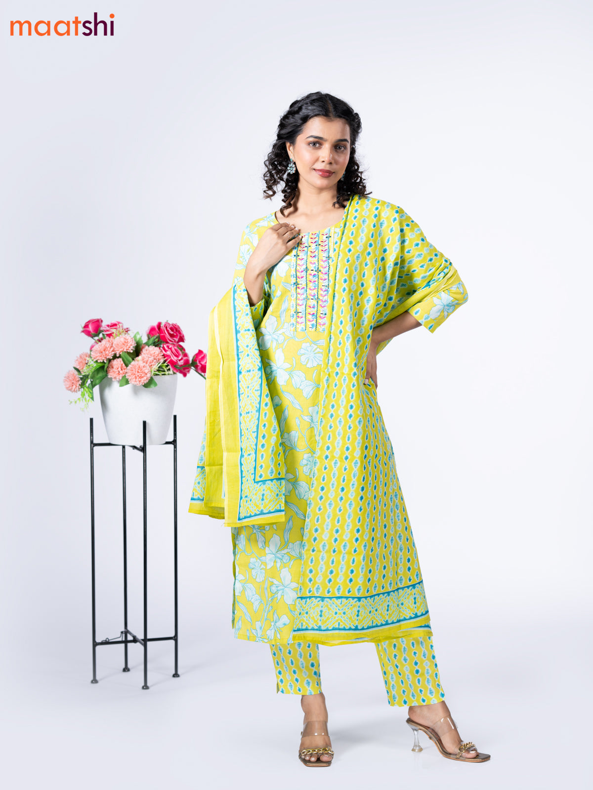 Cotton readymade salwar suit lime yellow and light blue with allover floral prints & embroidery mirror work neck pattern and straight cut pant & dupatta