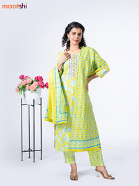 Cotton readymade salwar suit lime yellow and light blue with allover floral prints & embroidery mirror work neck pattern and straight cut pant & dupatta