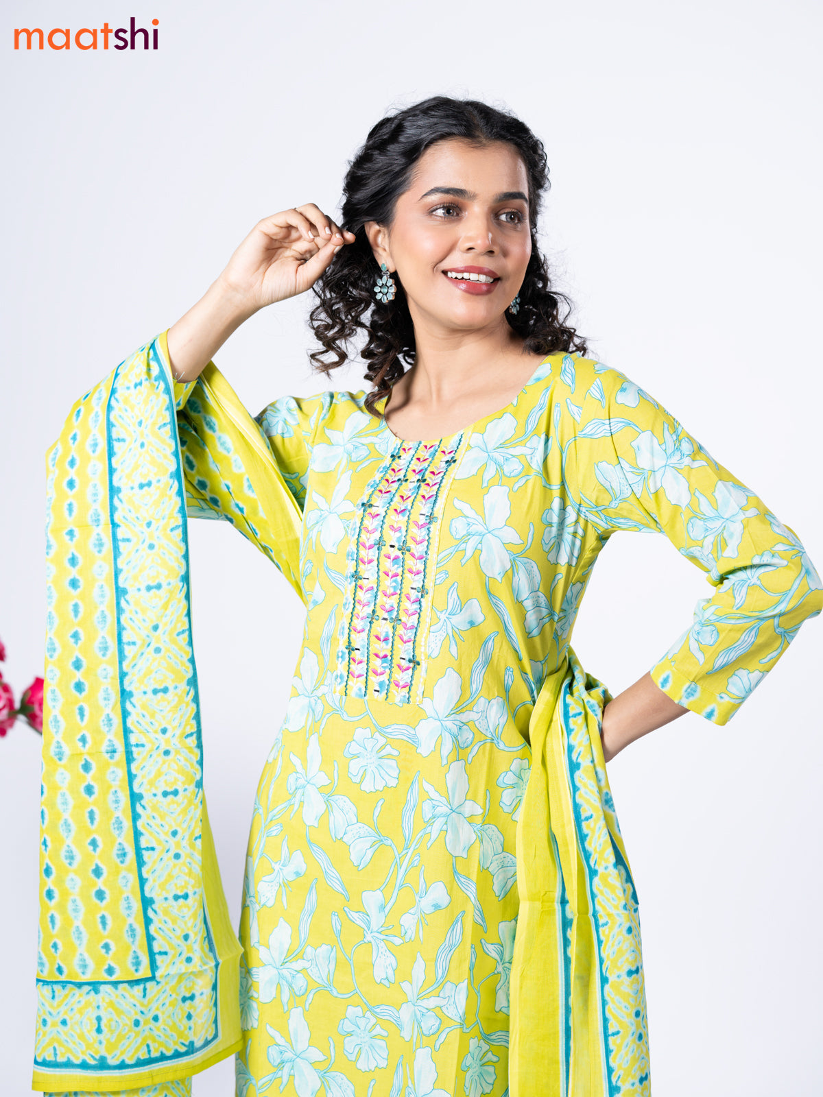 Cotton readymade salwar suit lime yellow and light blue with allover floral prints & embroidery mirror work neck pattern and straight cut pant & dupatta