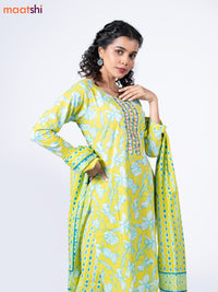 Cotton readymade salwar suit lime yellow and light blue with allover floral prints & embroidery mirror work neck pattern and straight cut pant & dupatta