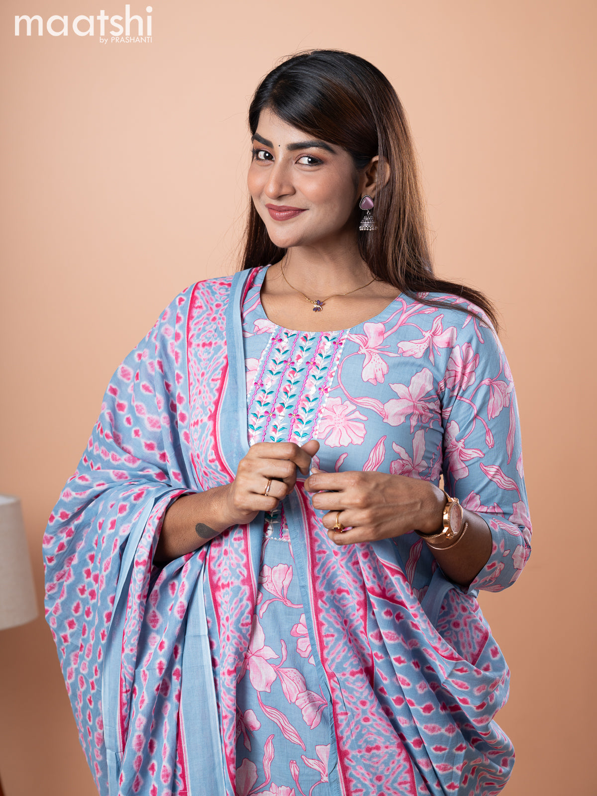 Cotton salwar suit bluish grey and pink with allover floral prints & embroidery mirror work neck pattern and straight cut pant & dupatta