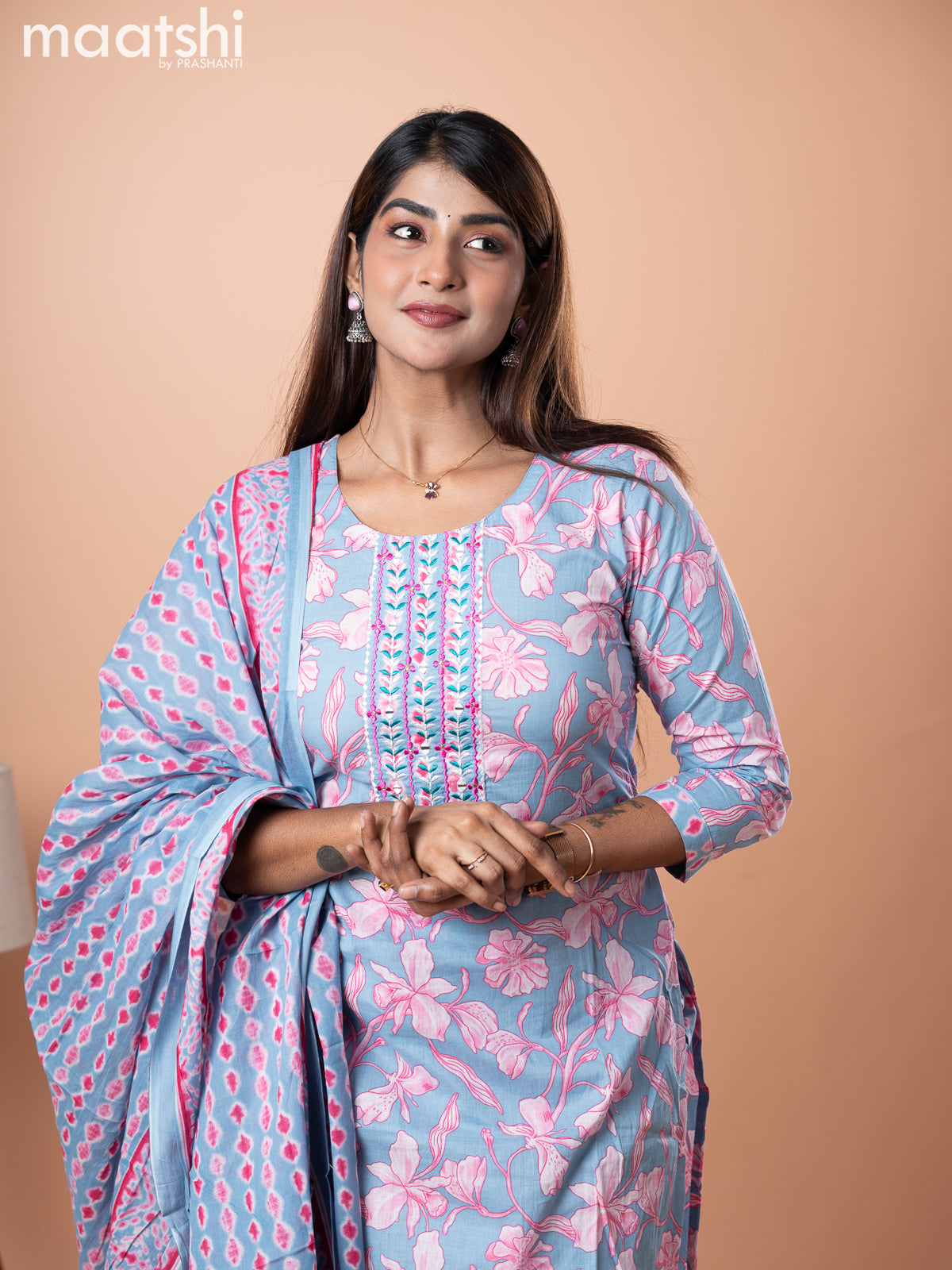 Cotton salwar suit bluish grey and pink with allover floral prints & embroidery mirror work neck pattern and straight cut pant & dupatta