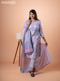 Cotton salwar suit bluish grey and pink with allover floral prints & embroidery mirror work neck pattern and straight cut pant & dupatta