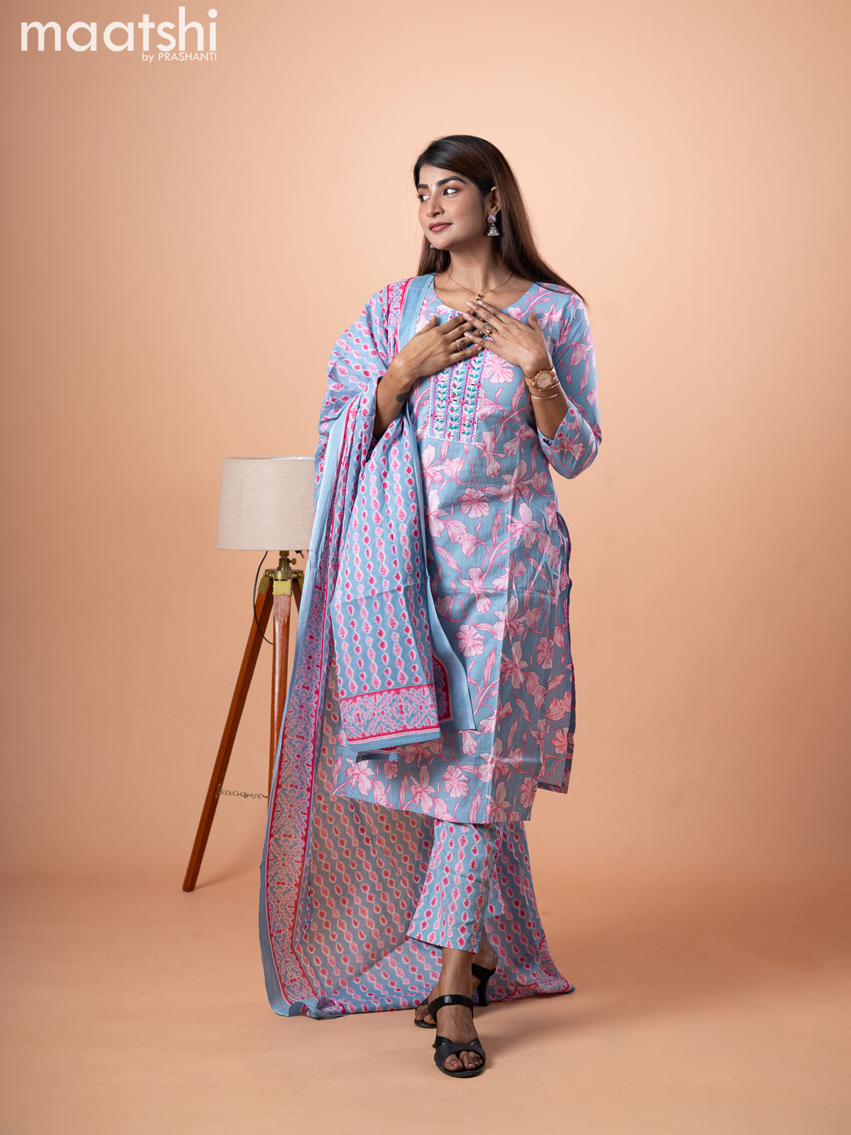 Cotton salwar suit bluish grey and pink with allover floral prints & embroidery mirror work neck pattern and straight cut pant & dupatta