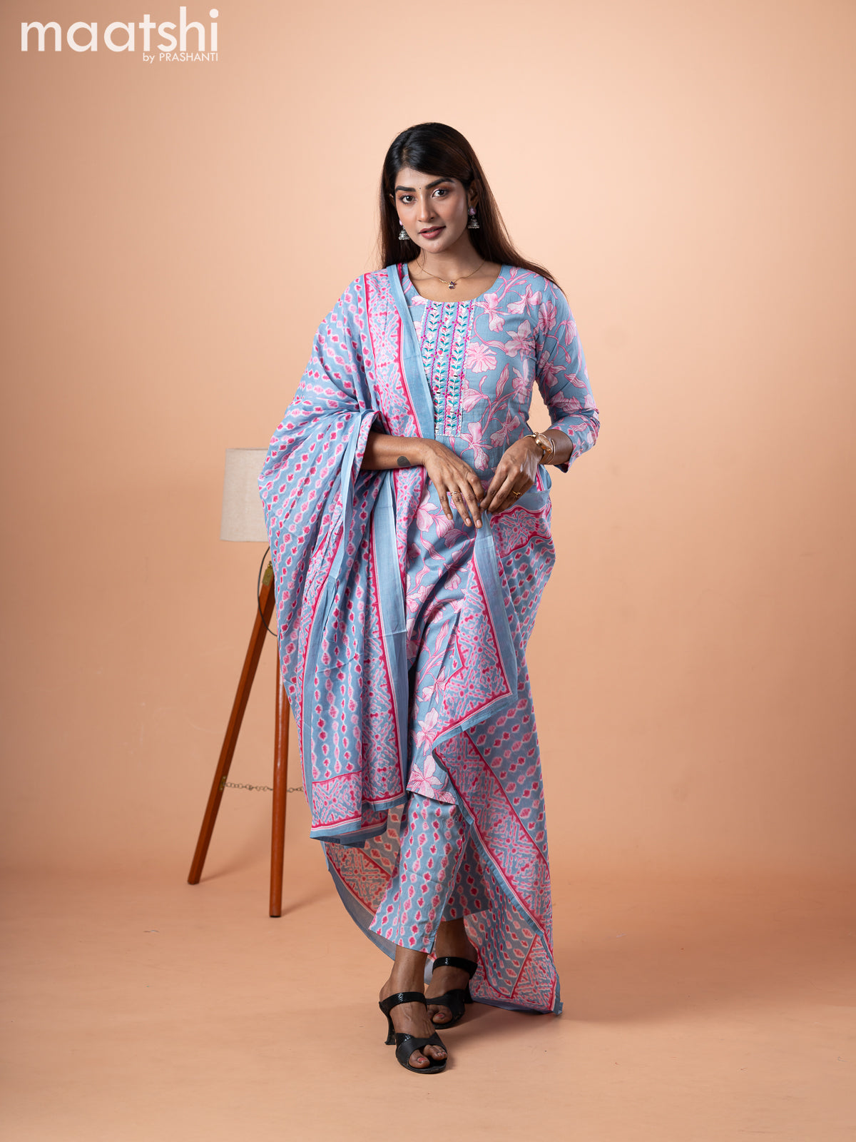 Cotton salwar suit bluish grey and pink with allover floral prints & embroidery mirror work neck pattern and straight cut pant & dupatta