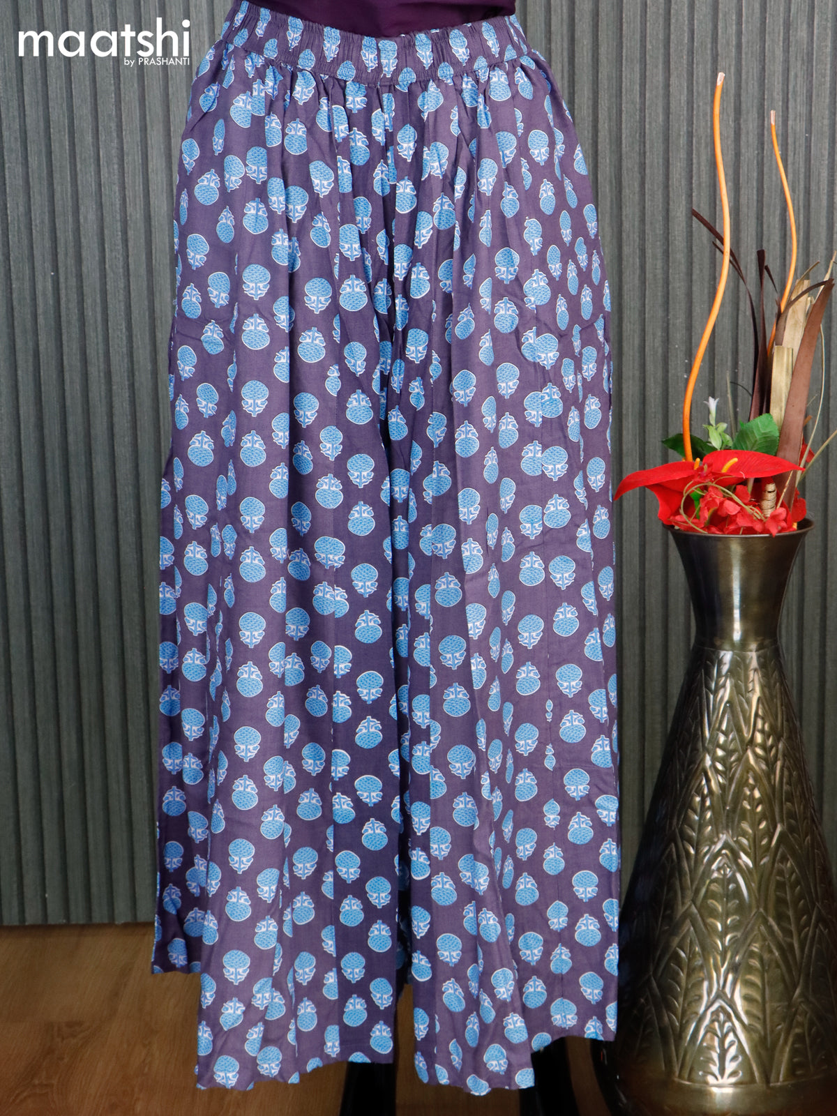 Cotton elephant palazzo pant dark grey and blue with allover butta prints - free size