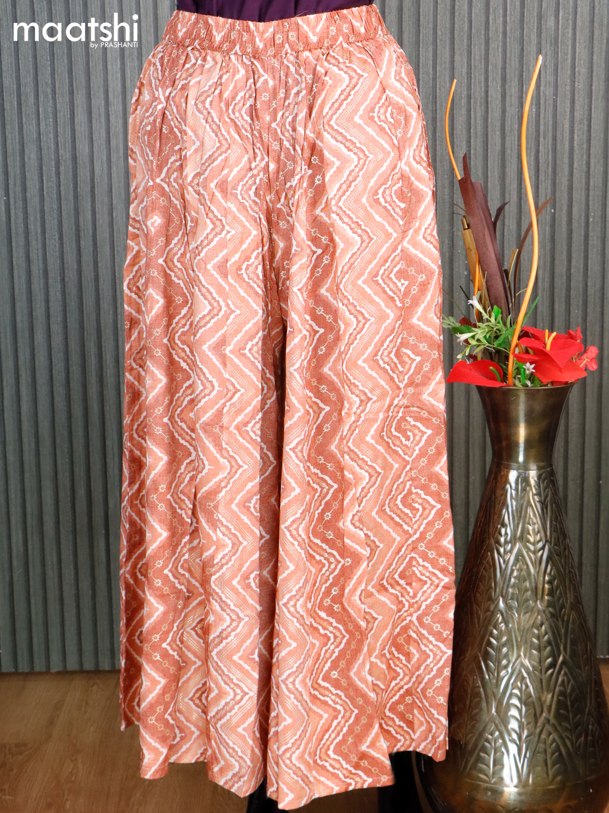 Rayon elephant palazzos pants rust shade and off white with allover zig zag prints - free size