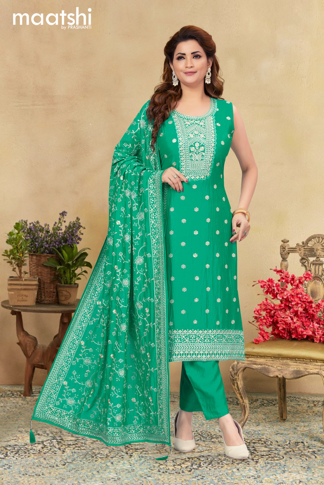 Raw silk readymade party wear salwar suit teal green with embroidery sequin work neck pattern & sleeve attached and straight cut pant & embroidery sequin work dupatta