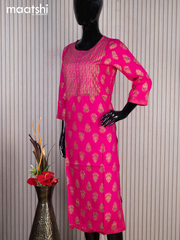 Rayon readymade kurti pink with allover butta prints & simple neck pattern without pant