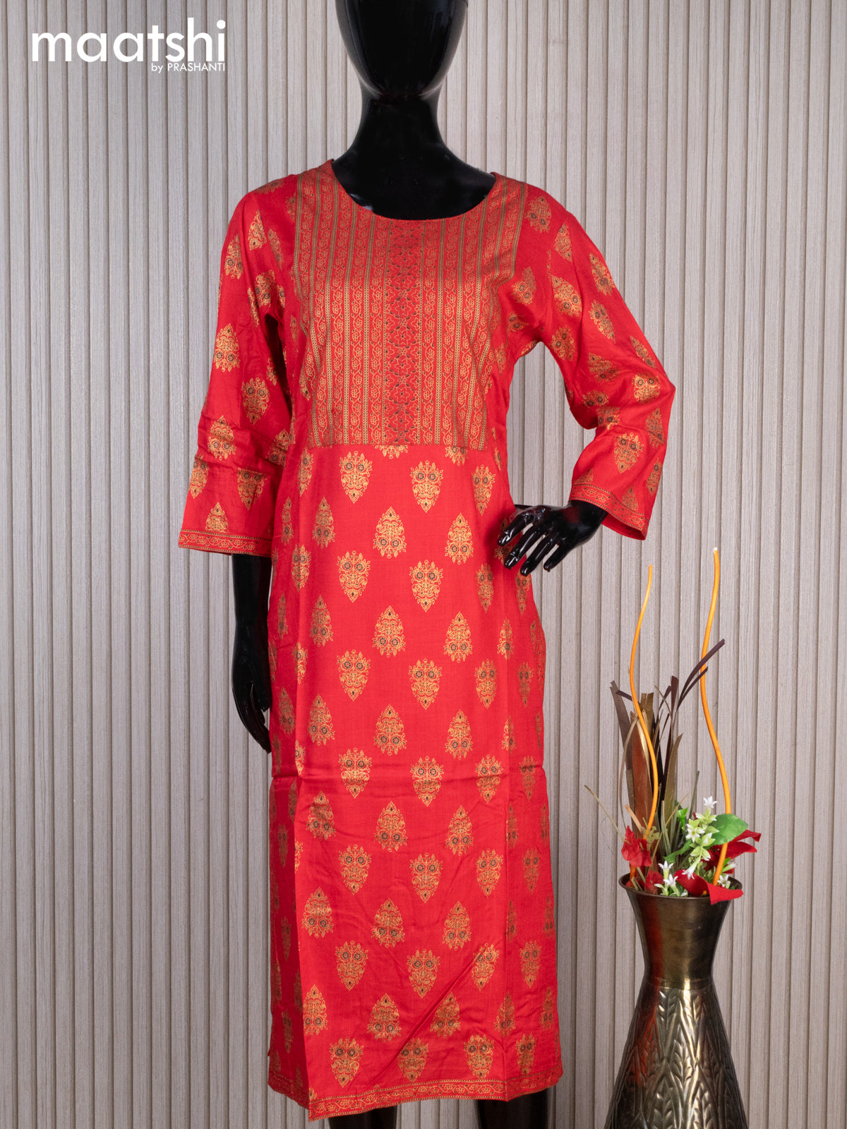 Rayon readymade kurti red with allover butta prints & simple neck pattern without pant